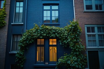 Fototapeta premium In the enchanting glow of evening twilight, the lush green vines beautifully accentuate the allure of a blue and brown building nestled within an urban environment