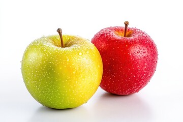 Two apples, green and red, with water droplets