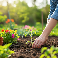 Close-up of a woman's hands carefully planting a healthy tomato seedling into rich, dark soil.