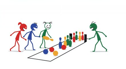 Fototapeta premium Colorful Stick Figures Playing Bowling on White Background