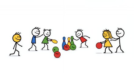Naklejka premium Colorful Stick Figures Playing Bowling on White Background