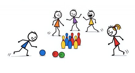 Fototapeta premium Colorful Stick Figures Playing Mini Bowling on White Background