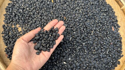 A large number of dried black beans are densely spread out, representing abundance and a harvest...