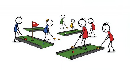 Colorful Stick Figures Playing Miniature Golf on White Background