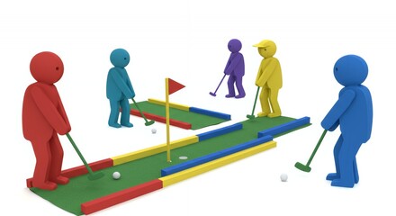 Colorful Stick Figures Playing Miniature Golf on White Background