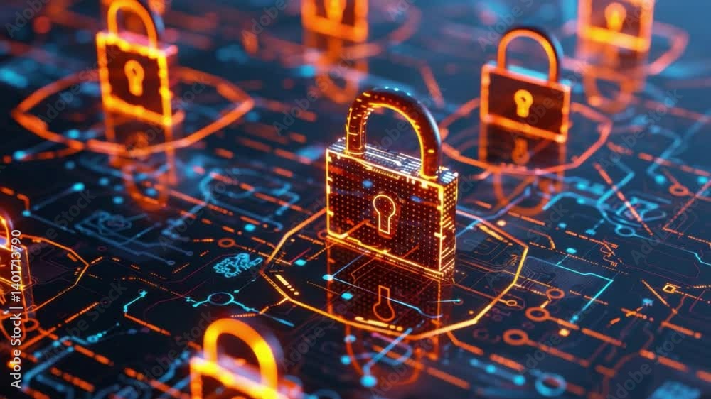 Poster digital locks glowing network of circuits for cybersecurity and data protection in advanced technolo