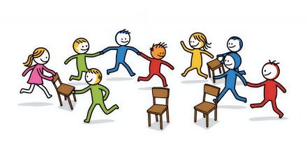Fototapeta premium Colorful Stick Figures Playing Musical Chairs on White Background