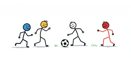 Fototapeta premium Colorful Stick Figures Playing Soccer on White Background