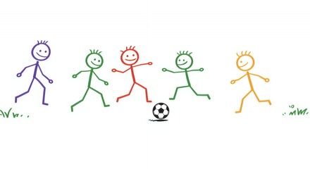 Colorful Stick Figures Playing Soccer on White Background