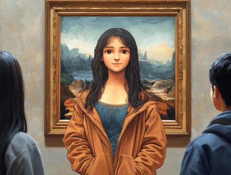 Cartoon Characters Observing the Iconic Smile of the Famous Portrait