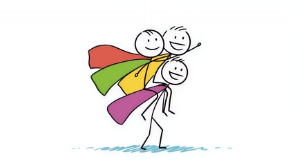 Colorful Stick Figures Superhero Piggyback Ride Illustration