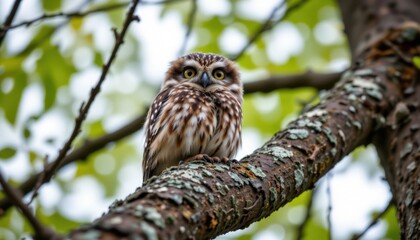Owl perched on a tree branch forest environment wildlife photography nature scene close-up view bird behavior