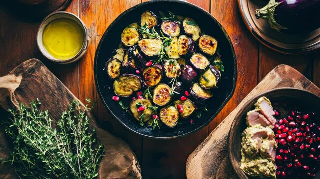 Rustic culinary movement: sizzling vegetables, herbs, and pomegranate in wooden bowl sequence