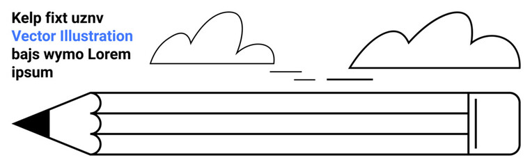 Large pencil pointing forward with two minimalist clouds above and placeholder text on the side. Ideal for writing, creativity, education, inspiration, design, stationery, simple landing page