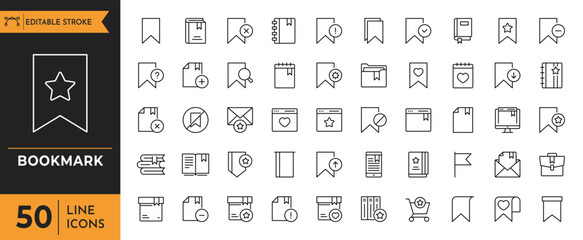 Bookmark line icon set. Containing Book, Library, Favorite, Document, File, Flag, Label, Tag, Note, Folder, Star, Paper, and more. editable stroke. vector illustration