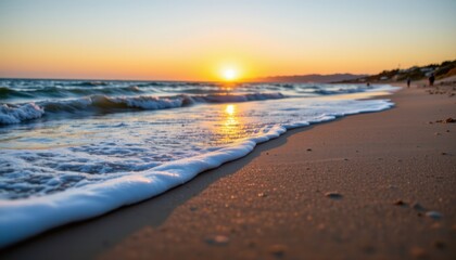 Sunset waves crashing on sandy beach seaside photography tranquil serene atmosphere