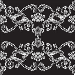 Luxury flourish seamless pattern. Hand drawing damask vintage background. Vector illustration. Wallpaper repetitive baroque design elements monochrome color. For fabric, packaging and invitation