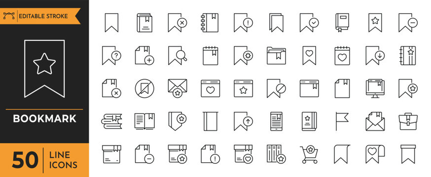 Bookmark line icon set. Containing Book, Library, Favorite, Document, File, Flag, Label, Tag, Note, Folder, Star, Paper, and more. editable stroke. vector illustration