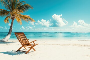 A chair sits on the beach with a palm tree providing shade in the background.