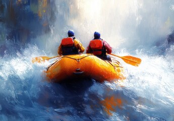 Fototapeta premium Extreme Rafting Teamwork in Bright Daylight on a Dynamic River