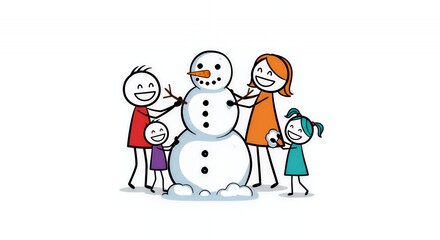 Colourful Stick Figure Family Building Snowman on White Background