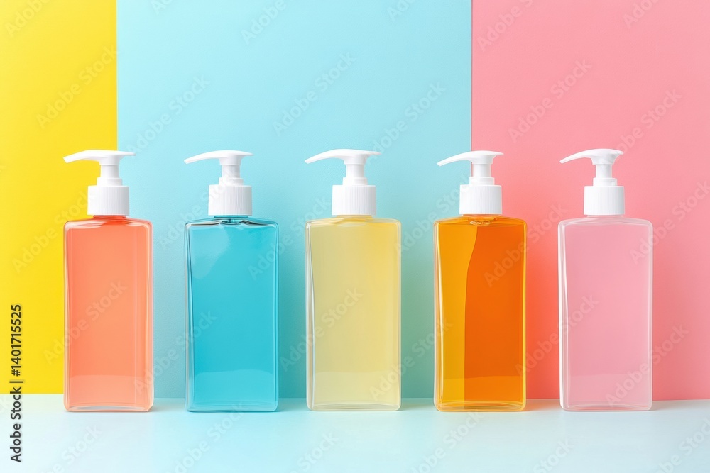 Poster pet shampoo bottles arranged on a bright background showcasing modern packaging design and space for