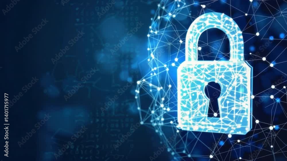 Poster digital illustration of padlock symbolizing cybersecurity, featuring network of interconnected nodes