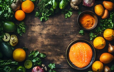 Healthy Salmon Recipe Ingredients Flatlay Wooden Background