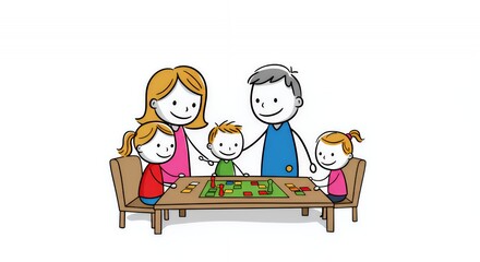 Colourful Stick Figure Family Playing Board Game at Home