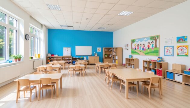 Creative learning space modern classroom educational environment bright atmosphere wide-angle view inspiring design