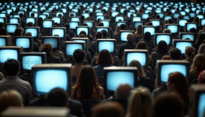 Obraz premium Digital overload people engaged with retro monitors in a darkened auditorium technology social reflection evening audience perspective