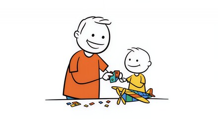 Colourful Stick Figures Father and Son Building Model Airplane