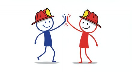 Fototapeta premium Colourful Stick Figures High Five Firefighter Helmets White Background