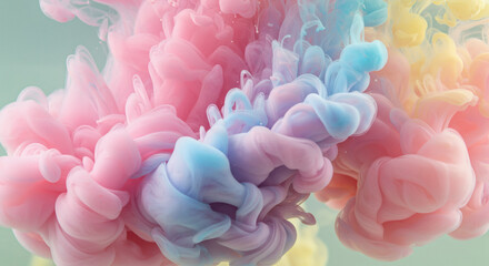 Vibrant pink, blue, and pastel ink clouds swirling underwater, creating a dreamy, abstract fluid art effect with soft color blending.