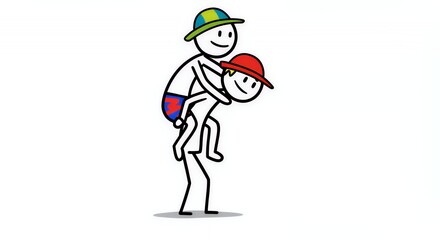 Naklejka premium Colourful Stick Figures Piggyback Ride on White Background