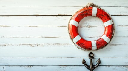 A nautical life preserver and anchor adorn a weathered white wood plank wall.
