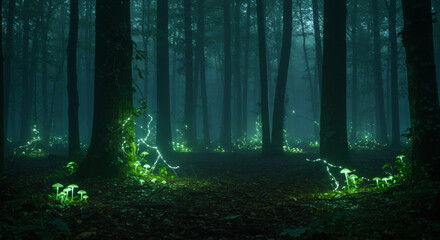 Obraz premium Mysterious enchanted forest with glowing mushrooms and bioluminescent plants, creating a fantasy atmosphere with eerie green lighting.