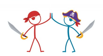 Colourful Stick Figures Pirate High Five Illustration