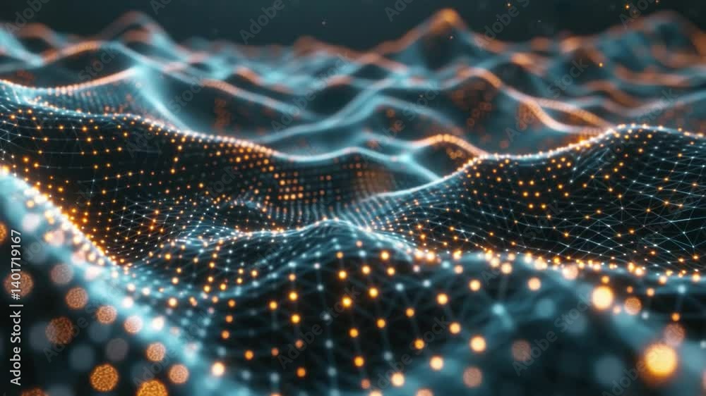 Poster mesmerizing digital abstract landscape with glowing lines and dots, creating vibrant wave pattern th