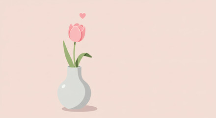Minimalist digital illustration of a pink rose in a white vase with a heart, symbolizing love, romance, and Valentine's Day aesthetics.