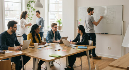 Young professional leads a collaborative brainstorming session with colleagues in a modern office, fostering teamwork and creativity.