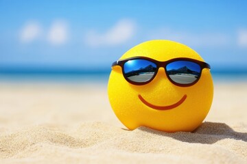 Naklejka premium Yellow smiley face wearing sunglasses on a sandy beach beside the ocean.