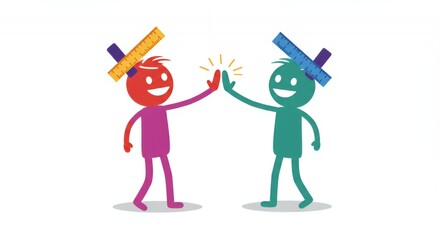 Two Colorful Stick Figures High Five Wearing Ruler Hats on White Background