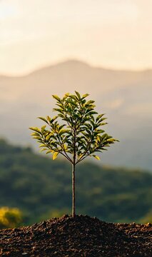 A growing tree with a glowing trunk, symbolizing strength and business expansion, set against a peaceful rural landscape under soft sunlight