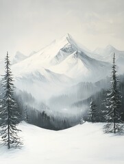 Obraz premium Snowy mountain peak, winter landscape, tranquil forest, serene scene, nature background