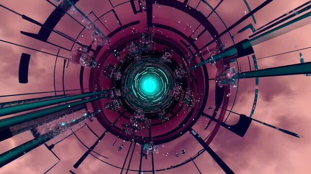 Abstract technological tunnel with light source at the end, purple futuristic design featuring machinery and complex structural elements.