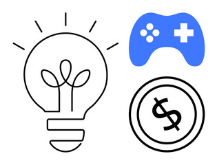 Light bulb for ideas, blue game controller for leisure, dollar coin for finance. Ideal for innovation, brainstorming, gaming industry, tech investments, entrepreneurship, financial growth flat
