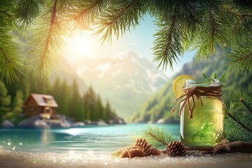 A refreshing jar of lemonade rests on a sandy beach by a tranquil lake.