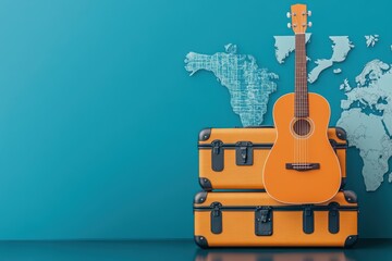 A guitar rests atop a pile of luggage, creating a unique travel scene.