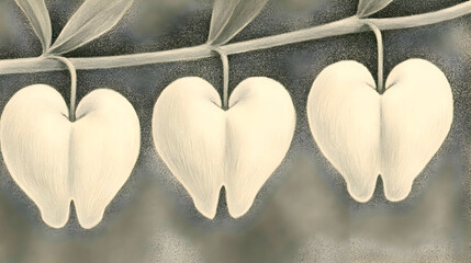 Fototapeta premium Three bleeding hearts hang from stem, nature background, botanical illustration, for print